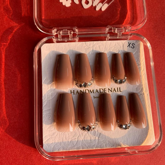 Brown Espresso - Rich Latte Toned Rhinestones Coffin Nails