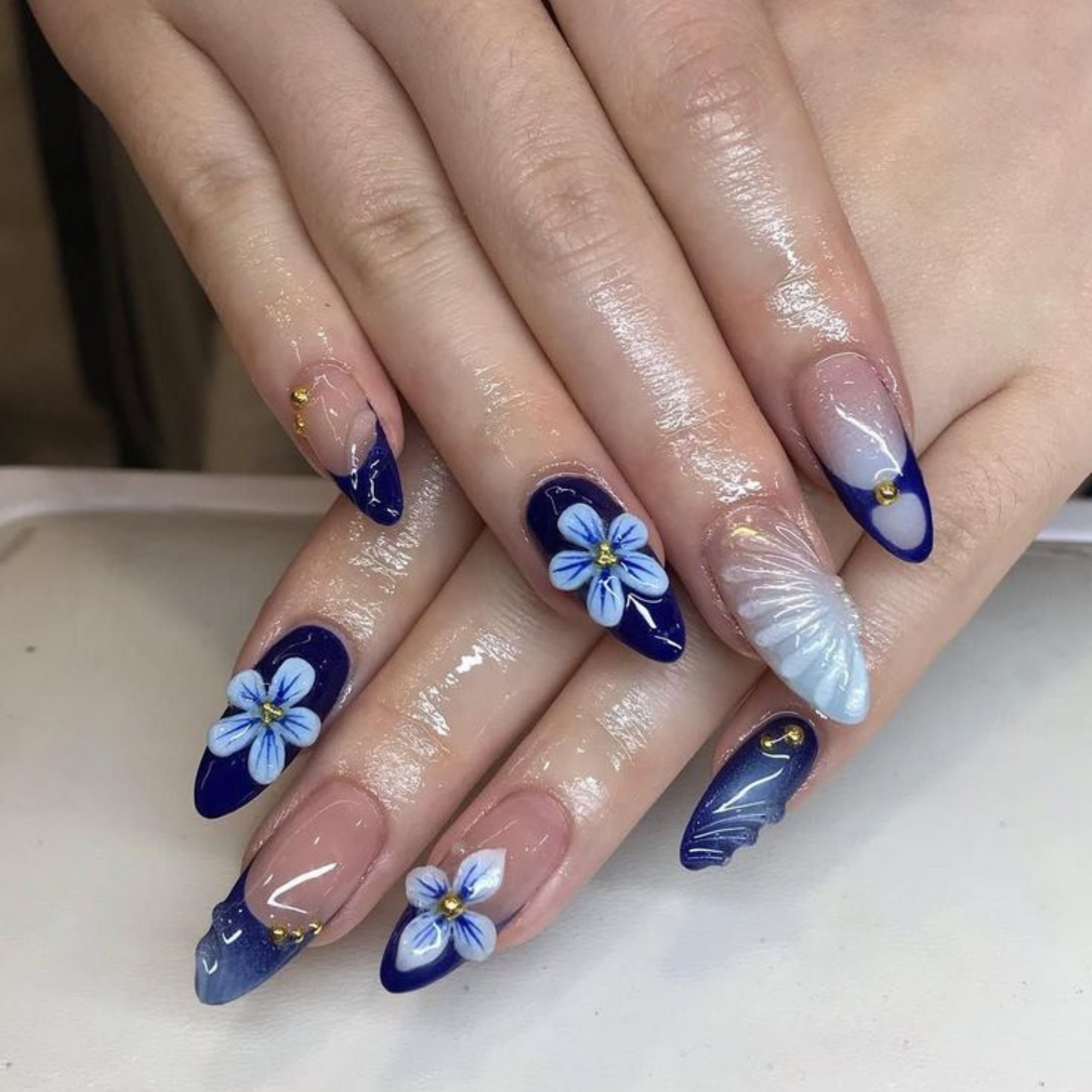 Forget Me Not – Handmade Floral 3D Almond Nails