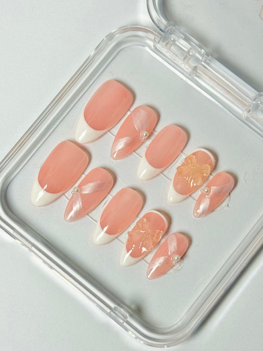 Pink Whisp – Handmade French Tip Almond Nails | Satin Finish