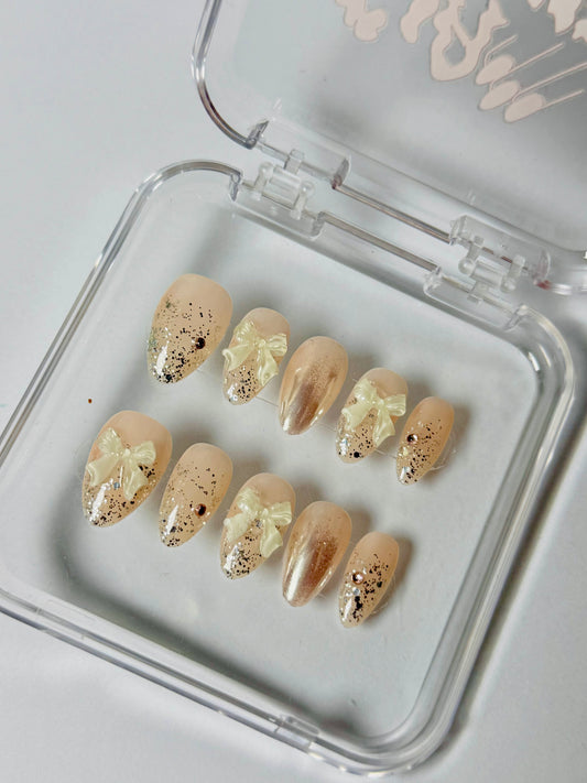 Rose Dust – Handmade Glitter 3D Bow Almond Nails