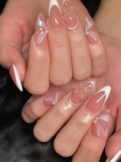 Pink Whisp – Handmade French Tip Almond Nails | Satin Finish