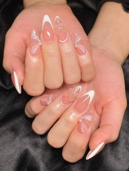 Pink Whisp – Handmade French Tip Almond Nails | Satin Finish