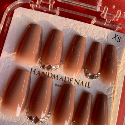 Brown Espresso - Rich Latte Toned Rhinestones Coffin Nails