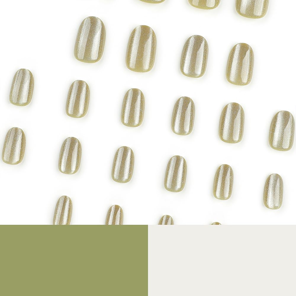 Olive Nebula - High Gloss Oval Shaped Cat Eye Nails