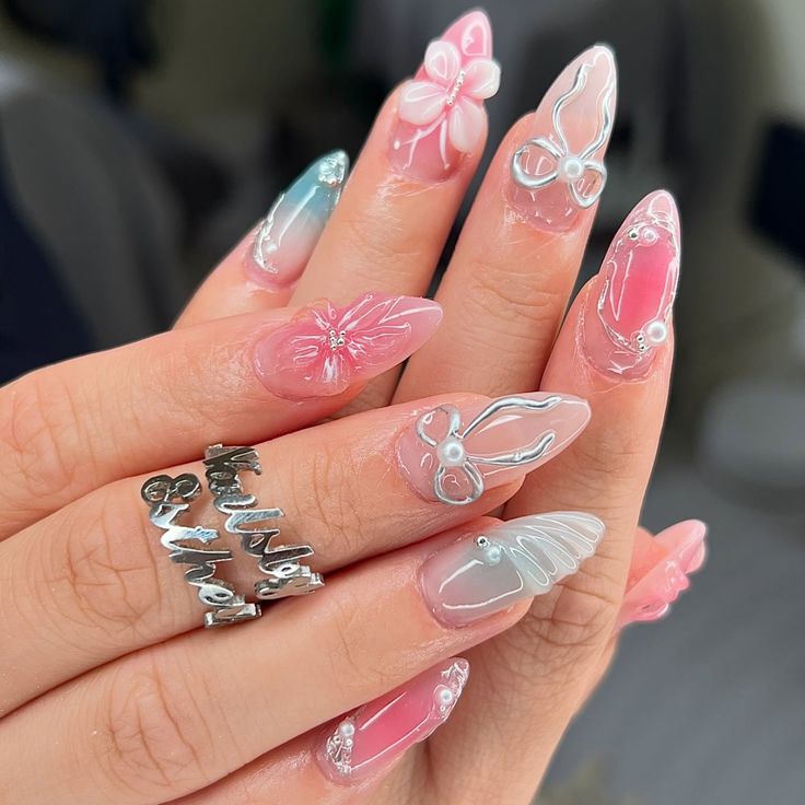 Cherry Bloom – Handmade Floral 3D Stiletto Nails