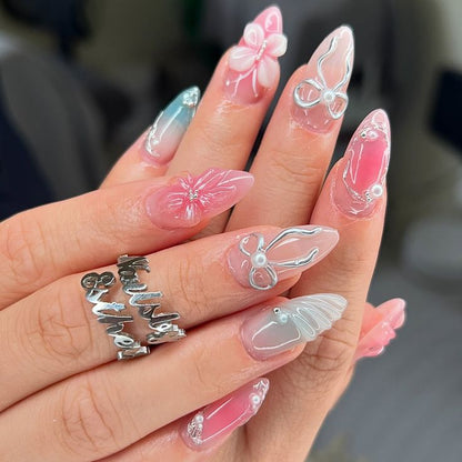 Cherry Bloom – Handmade Floral 3D Stiletto Nails