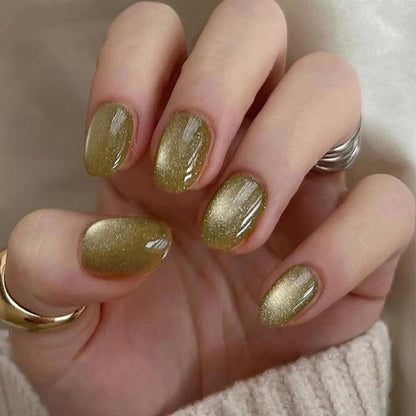 Olive Nebula - High Gloss Oval Shaped Cat Eye Nails