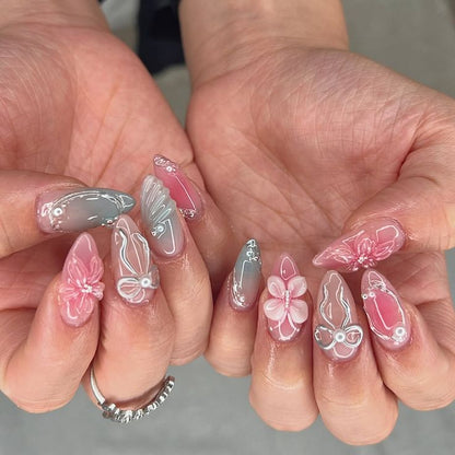 Cherry Bloom – Handmade Floral 3D Stiletto Nails