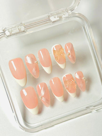 Pink Whisp – Handmade French Tip Almond Nails | Satin Finish