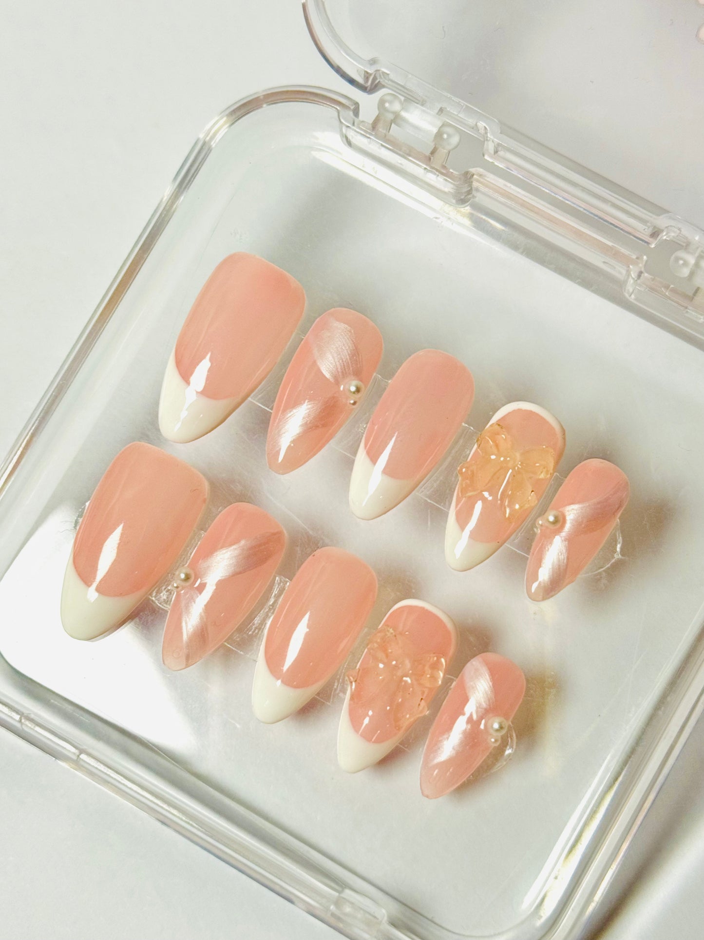 Pink Whisp – Handmade French Tip Almond Nails | Satin Finish