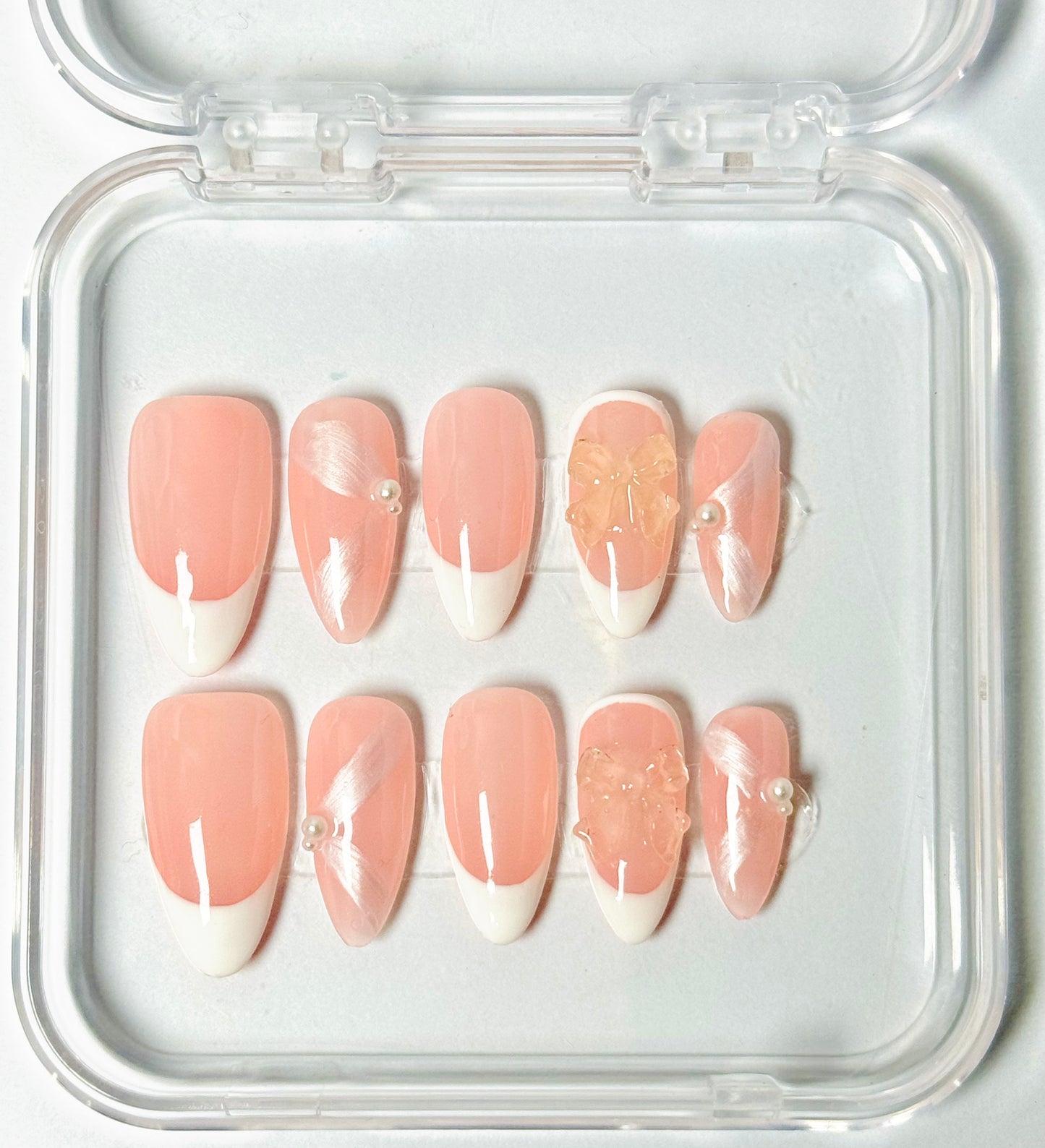 Pink Whisp – Handmade French Tip Almond Nails | Satin Finish
