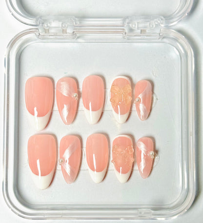 Pink Whisp – Handmade French Tip Almond Nails | Satin Finish