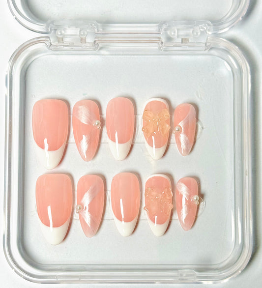 Pink Whisp – Handmade French Tip Almond Nails | Satin Finish