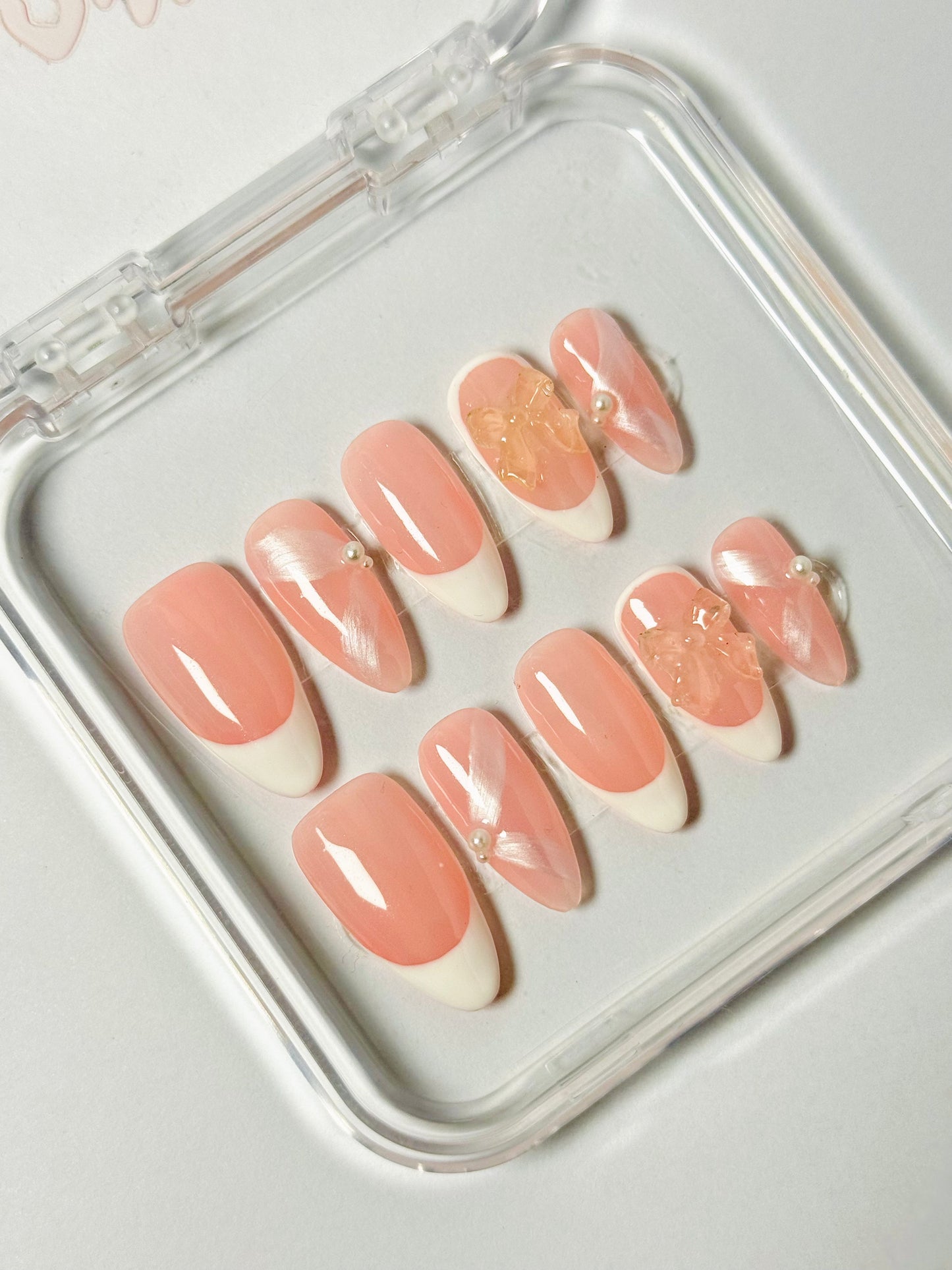 Pink Whisp – Handmade French Tip Almond Nails | Satin Finish