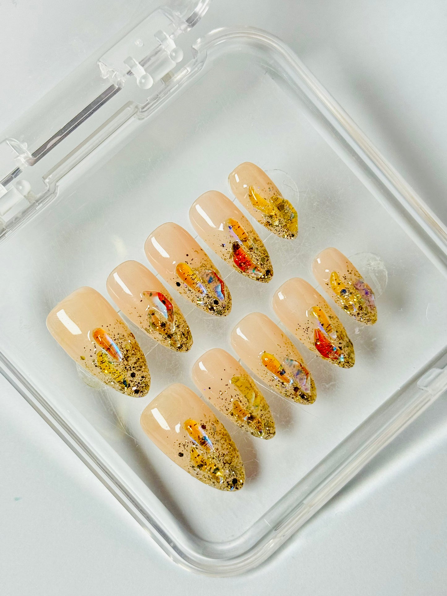 Glitz Fall Gold – Handmade Glitter Ombre Almond Nails | Shimmer Finish