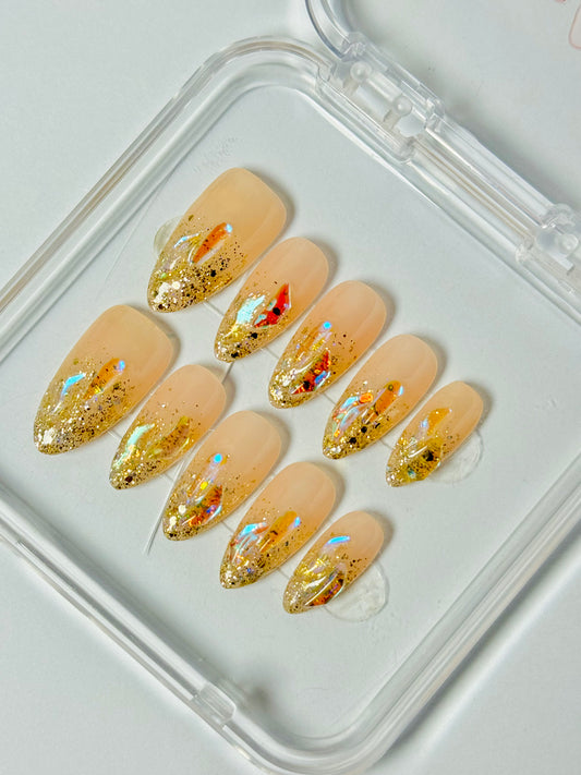 Glitz Fall Gold – Handmade Glitter Ombre Almond Nails | Shimmer Finish