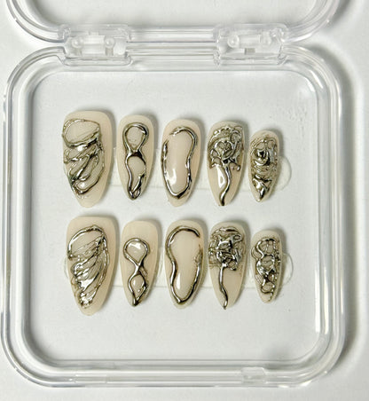 Silver Aura - 3D Metallic  Futuristic Nails