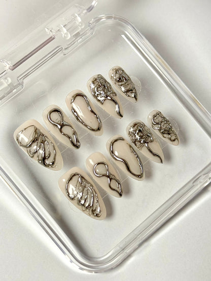 Silver Aura - 3D Metallic  Futuristic Nails