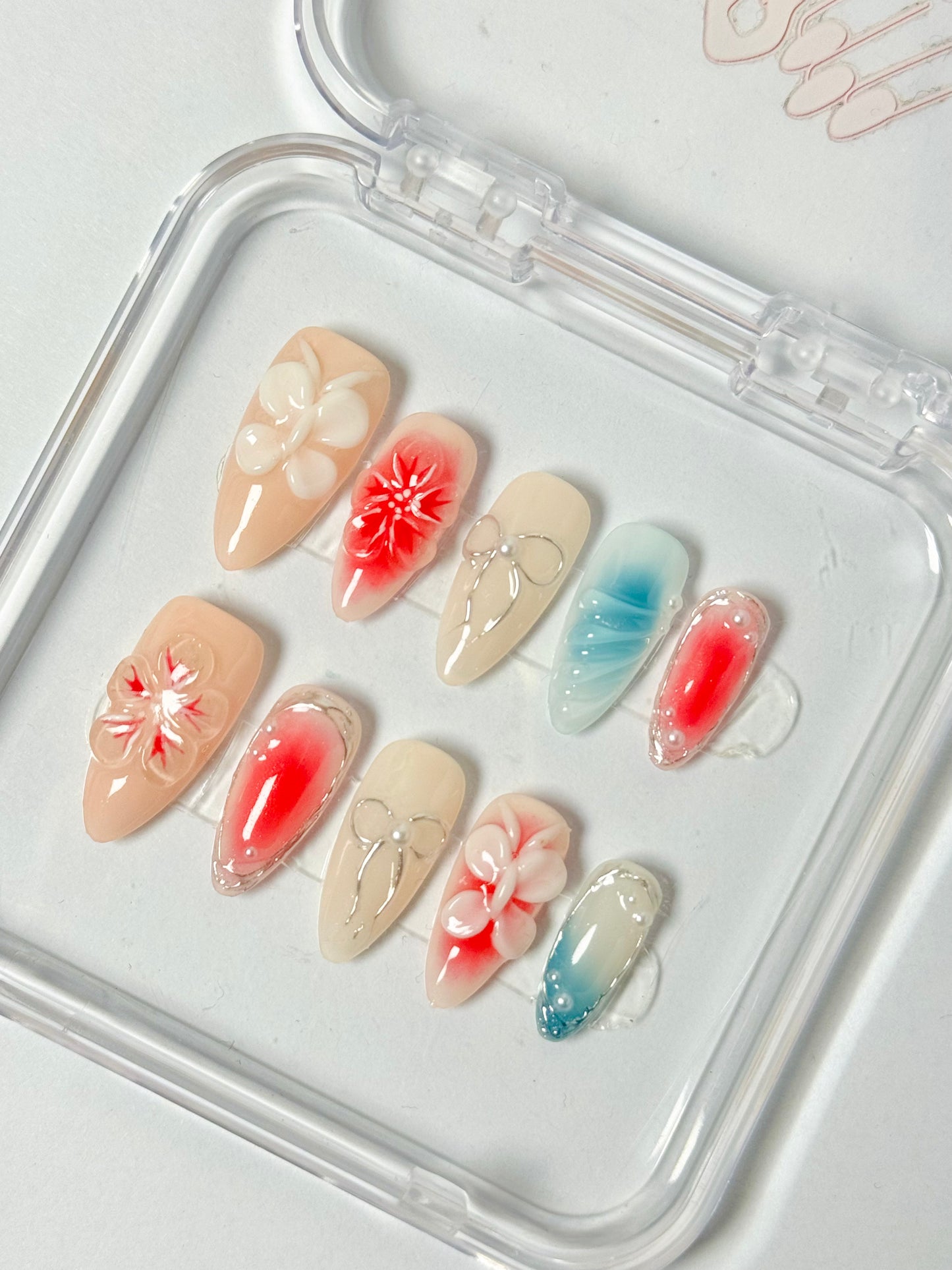 Cherry Bloom – Handmade Floral 3D Stiletto Nails