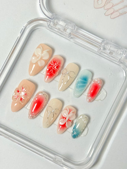 Cherry Bloom – Handmade Floral 3D Stiletto Nails