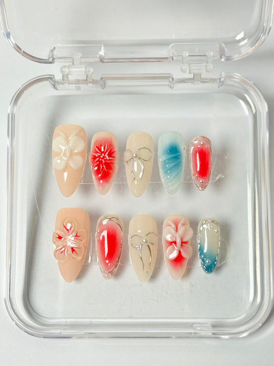 Cherry Bloom – Handmade Floral 3D Stiletto Nails