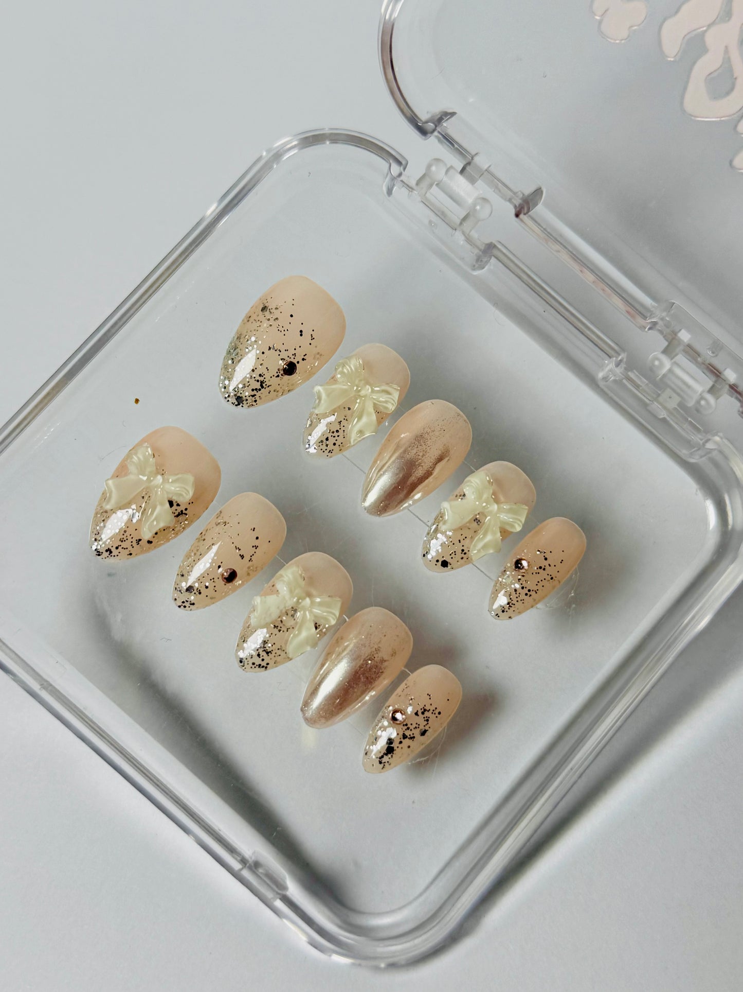 Rose Dust – Handmade Glitter 3D Bow Almond Nails