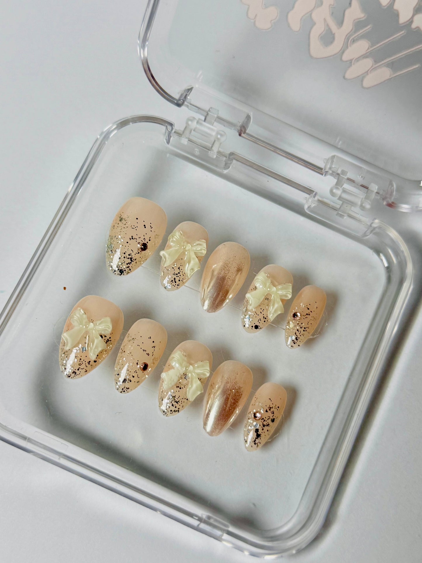 Rose Dust – Handmade Glitter 3D Bow Almond Nails