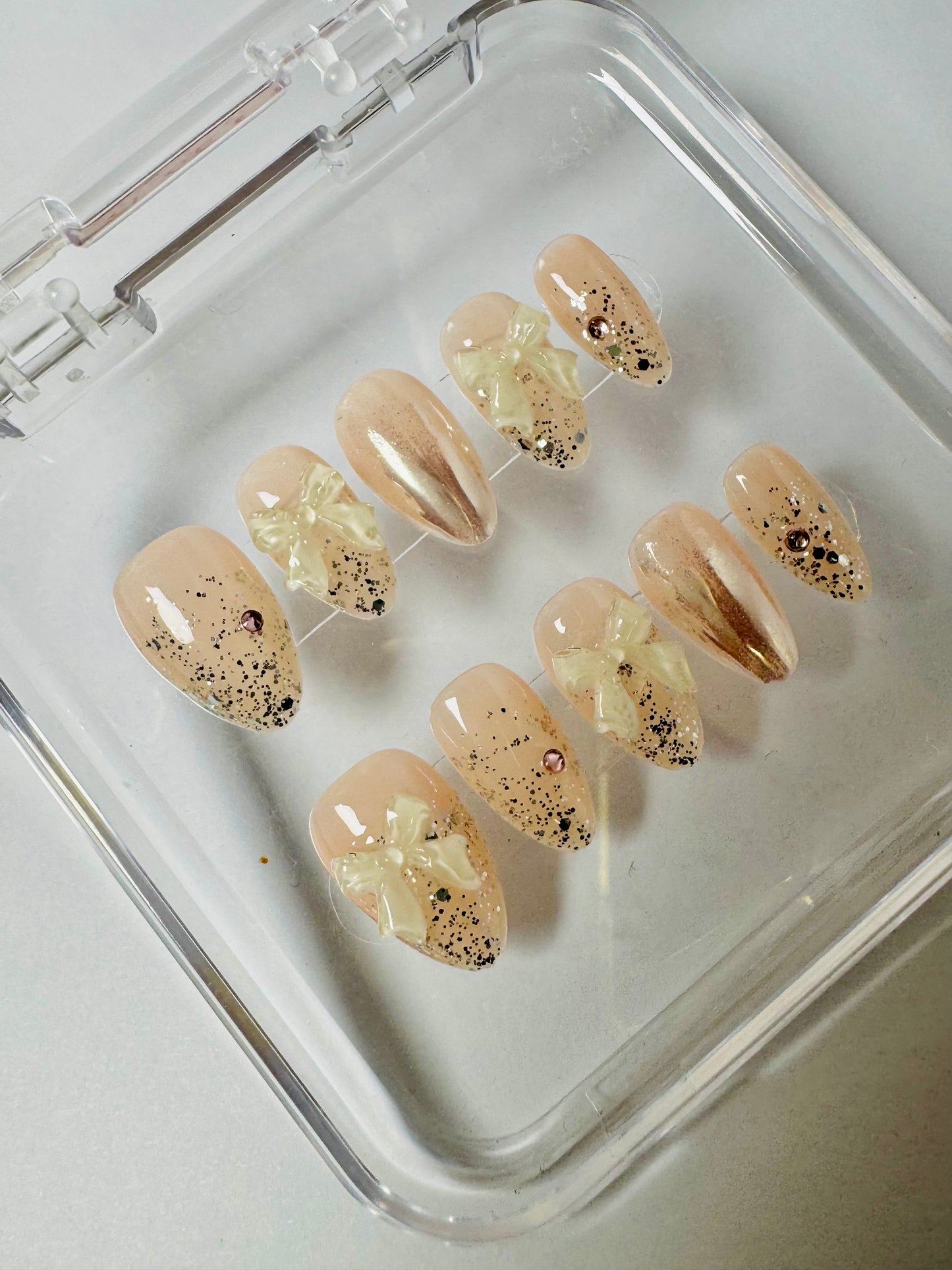 Rose Dust – Handmade Glitter 3D Bow Almond Nails