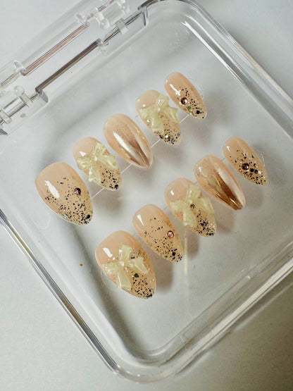 Rose Dust – Handmade Glitter 3D Bow Almond Nails
