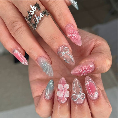 Cherry Bloom – Handmade Floral 3D Stiletto Nails