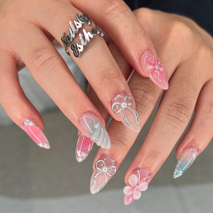 Cherry Bloom – Handmade Floral 3D Stiletto Nails