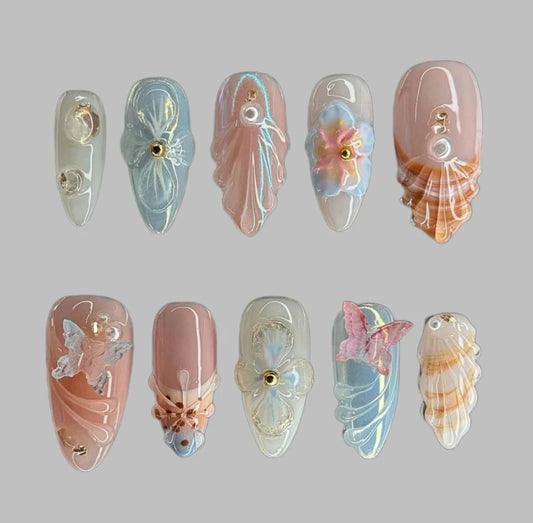 Sandy Florals - Handmade Floral 3D Almond Nails